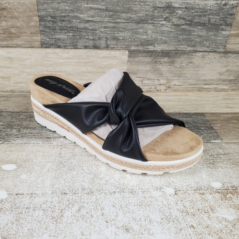 easy street Black Knot Espadrille Wedge Slide with Tan Footbed